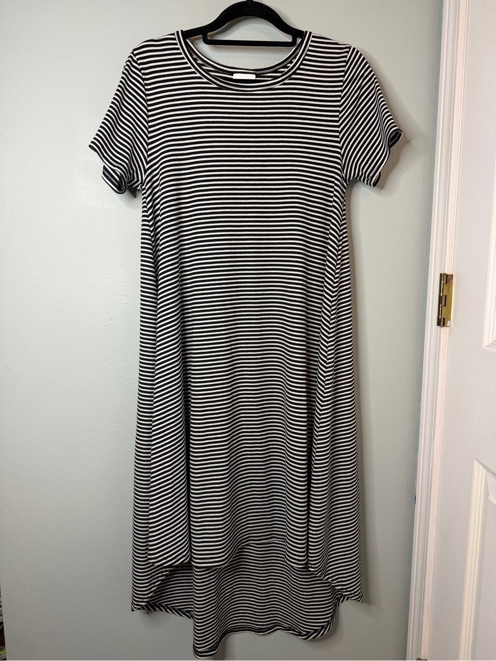 LuLaRoe Black and White Striped High-Low Carly Swing Dress (no chest pocket!)